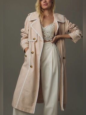 Avec Les Filles Raglan-Sleeve Linen Pink Belted Trench Coat with Scallop Trim M